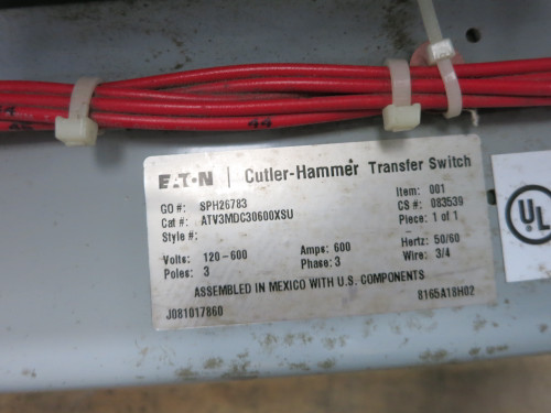 Eaton ATV3MDC30600XSU 600A 600V Automatic Transfer Switch MCS + Breaker 600 Amp (DW7188-1)
