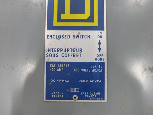 Square D A86345 T5 400A 600V Fusible Heavy Duty Safety Switch Disconnect 400 Amp (DW7222-1)