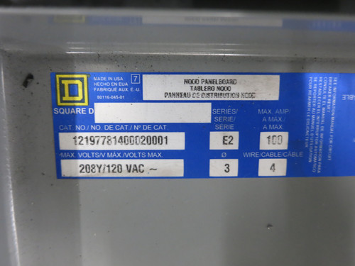 Square D NQOD 100A Main Breaker Panel Board 3PH 4W 208/120 100 Amp 208Y E2 3R (DW7277-1)