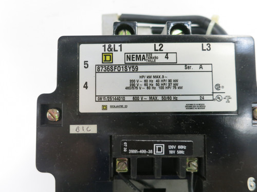 Square D 8736SF01SY59 Size 4 Reversing Motor Starter 120V Coil 8736 SFO1 100 HP (DW7299-2)