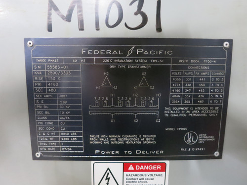 FPT 2500/3333 kVA 4160 Delta to 480 Delta V 3PH Transformer w/ Load Break Switch (DW7300-1)