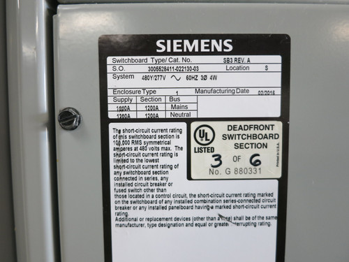 Siemens 1200A SB3 Tie-Breaker Switchgear 480/277 LNY3B120 LNG 1200 Amp 3PH 4W (DW7310-1)
