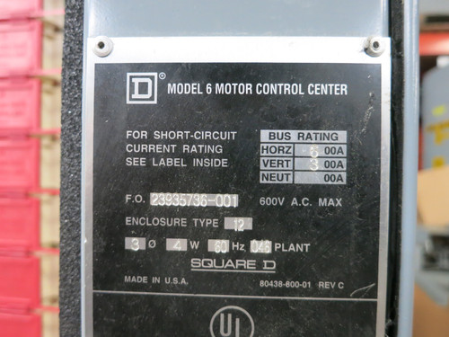 Square D Model 6 600/300 Amp MCC Motor Control Center 1x Section 480V 600A 300A (DW7326-1)