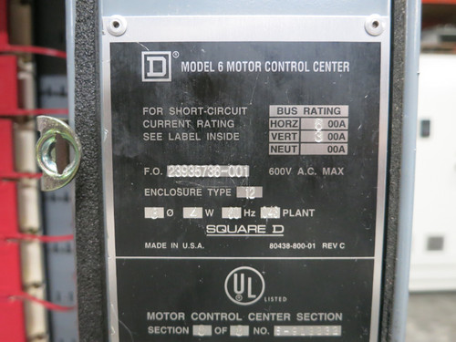 Square D Model 6 600/300 Amp MCC Motor Control Center 6x Section 480V 600A 300A (DW7327-1)