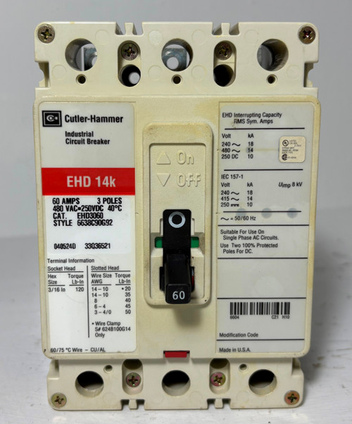 Cutler-Hammer EHD3060 60A Circuit Breaker Glossy Red 480 VAC 3P EHD3060L 60 Amp (EM5522-2) Cutler-Hammer EHD3060 60A Circuit Breaker Glossy Red 480 VAC 3P EHD3060L 60 Amp (EM5522-2)