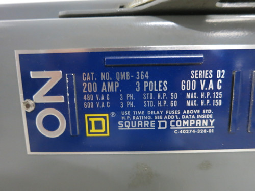 Square D QMB-364 200A 600V QMB Fusible Panelboard Switch QMB364 200 Amp D2 (DW7377-1)