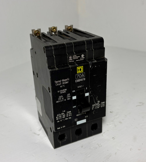 Square D EDB34070 70A Circuit Breaker 3 Pole 18kA @ 480Y/277 VAC 70 Amp HACR (EM5542-1)