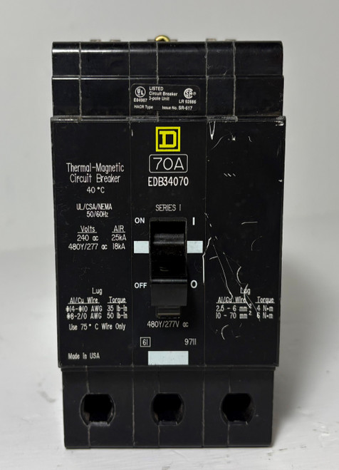 Square D EDB34070 70A Circuit Breaker 3 Pole 18kA @ 480Y/277 VAC 70 Amp HACR (EM5542-1)