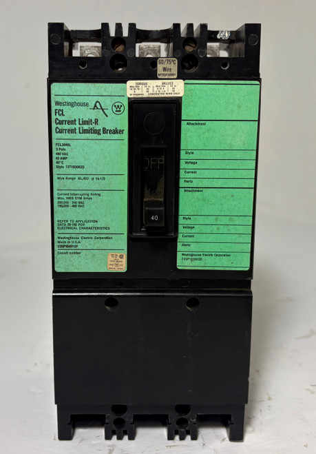 Westinghouse FCL3040L 40A Current Limit-R Circuit Breaker 480V 3P FCL 40 Amp (EM5546-1)