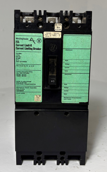 Westinghouse FCL3060L 60A Current Limit-R Circuit Breaker 480V 3P FCL 60 Amp (EM5547-2)
