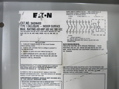 NEW Eaton SKDN400 Circuit Breaker Enclosure 400A 600V 400 Amp SKDN-400 (DW7399-1)