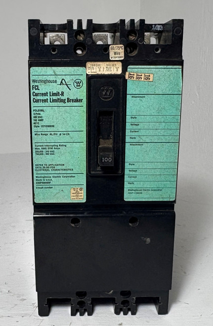 Westinghouse FCL3100L 100A Current Limit-R Circuit Breaker 480V 3P FCL 100 Amp (EM5549-1)