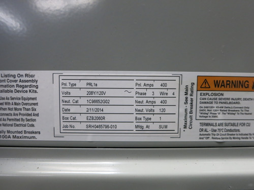 Eaton PRL1a 400A 208/120V Breaker Panel Board 3PH 4W 400 Amp MLO Lug Pow-R-Line (DW7417-1)