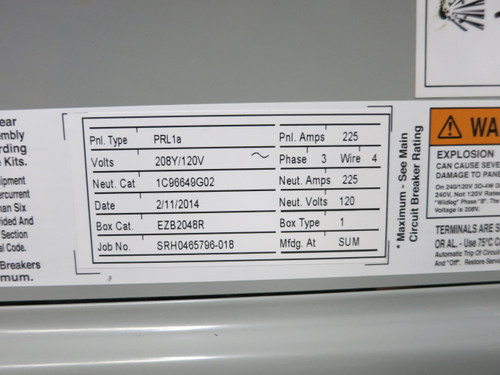 Eaton 225A 208/120V PRL1a Breaker Panel Board MLO 3PH 4W 225 Amp 208V Pow-R-Line (DW7415-2)