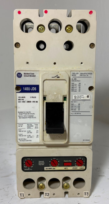 Allen Bradley 140U-JD6 125A Circuit Breaker 480/600V 3P 140U-JD6D3-D12 125 Amp (EM5570-1) Allen Bradley 140U-JD6 125A Circuit Breaker 480/600V 3P 140U-JD6D3-D12 125 Amp (EM5570-1)