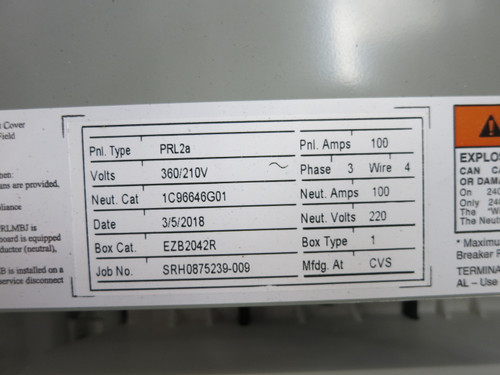 Eaton PRL2a 100A 360/210V Main Breaker Panel Board 3PH 4W 100 Amp HFD3100BP10 (DW7453-3)