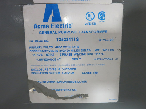 ACME 15 kVA 480 Delta to 240 Delta V 3PH Dry Type Transformer T3533411S 480V 3R (DW7457-1)
