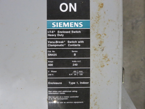 Siemens SN425 400A 240V Fusible Safety Switch Disconnect 3PH 4W 400 Amp 240 VAC (DW7456-1)
