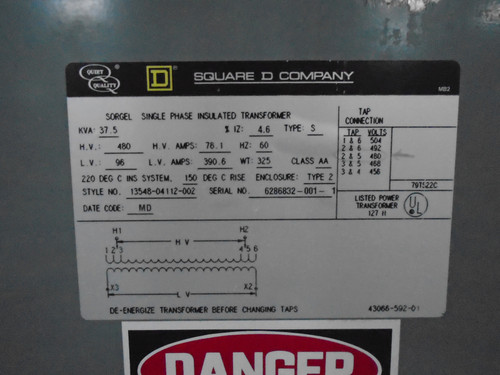 Square D 37.5 kVA 480V - 96V 1PH Dry Type Transformer Single Phase 480 - 96 (DW7461-1)