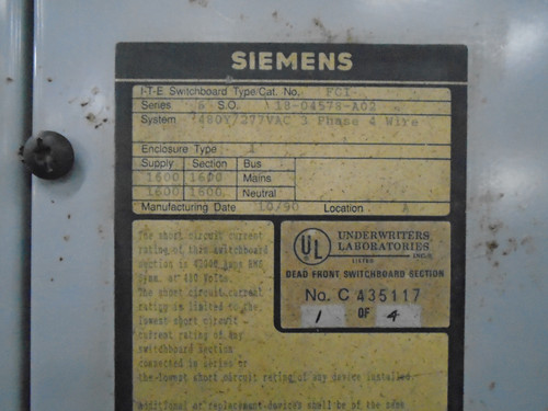 Siemens FCI 1600A 480Y/277 Main Fusible Switch Board Pringle QA1633 1600 Amp 480 (DW7462-1)