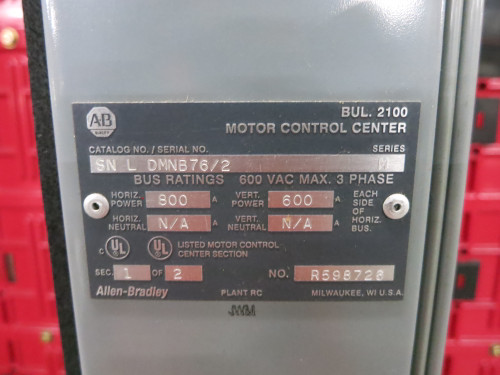 NEW Allen Bradley Centerline 2100 800/600A 2x MCC Section Motor Control Center (DW7465-1)