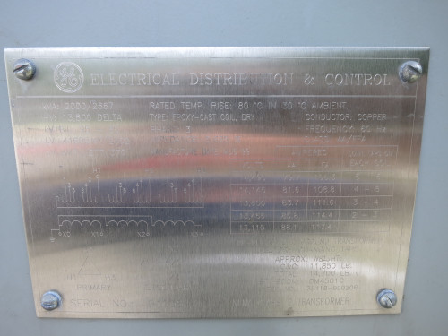 GE 2000/2667 kVA 13800 Delta - 4160Y/2402 V 3PH Dry Type Transformer 13800V 4160 (DW7472-1)