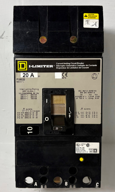 Square D I-Line FI36020 20A I-Limiter Circuit Breaker 480/600V 3 Pole 20 Amp (EM5619-1)