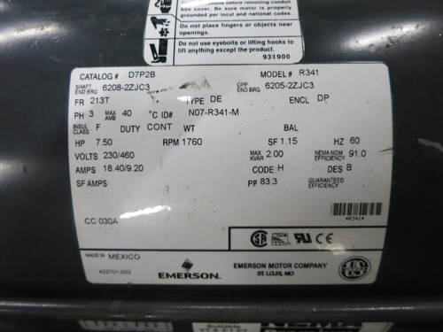 NEW Emerson 7.5 HP AC Motor D7P2B R341 230/460V 1760 RPM 213T DE DP 3PH (DW7489-1)