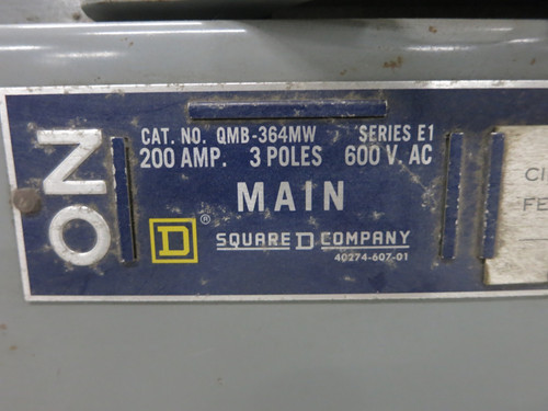 Square D QMB-364MW 200A 600V QMB Main Fusible Panelboard Switch QMB364 200 Amp (DW7504-1)