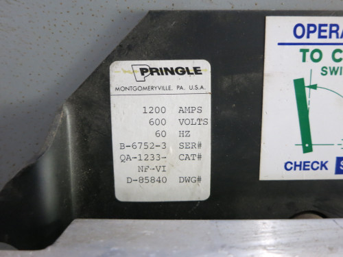 Pringle 1200A 600V Double Throw Manual Transfer Switch Pressure Contact 1200 Amp (DW7503-1)