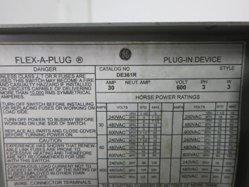 GE DE361R 30A 600V Flex-A-Plug Fusible Busway Switch 30 Amp 3PH 3W Bus Plug (DW7515-2)