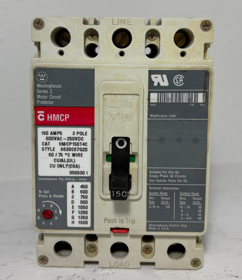 Westinghouse HMCP150T4C 150A Circuit Breaker Glossy Type HMCP 3P 600V 150 Amp (EM5645-1) Westinghouse HMCP150T4C 150A Circuit Breaker Glossy Type HMCP 3P 600V 150 Amp (EM5645-1)