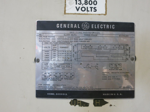 GE 2500/3333 kVA 13800 Delta to 4160Y/2400 V 3PH Transformer 13800V - 4160V (DW7523-1)
