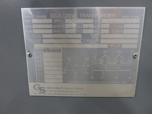 Hevi Duty 20 kVA 460 Delta to 460Y/266 V 3PH Dry Type Transformer DT651H20 460V (DW7530-2)