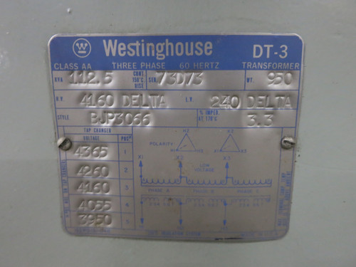 Westinghouse 112.5 kVA 4160 Delta to 240 Delta V 3PH Transformer 4160V - 240V (DW7527-1)