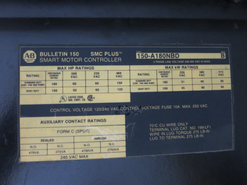Allen Bradley 150-A180NBD 150 HP SMC Plus Smart Motor Controller 480V Soft Start (DW7534-1)