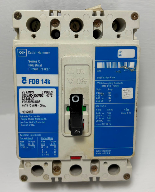 Cutler-Hammer FDB3025LD08 25A Circuit Breaker Glossy 480/600V 3P FDB3025 25 Amp (EM5653-1)