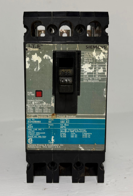 Siemens ED43B060 60A Sentron Circuit Breaker Type ED4 480V 3P 60 Amp bad label (EM5658-9)