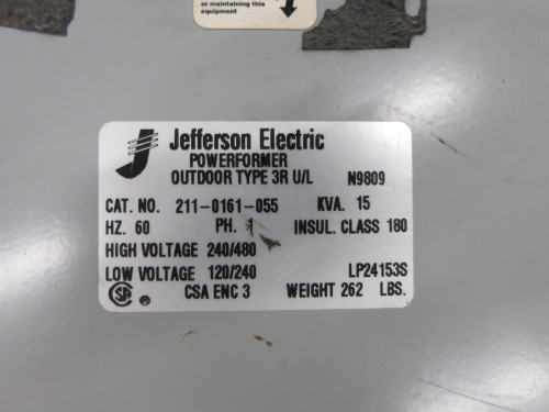 Jefferson 15 kVA 240x480 to 120/240 1PH Transformer 211-0161-055 Powerformer 3R (DW7539-1)