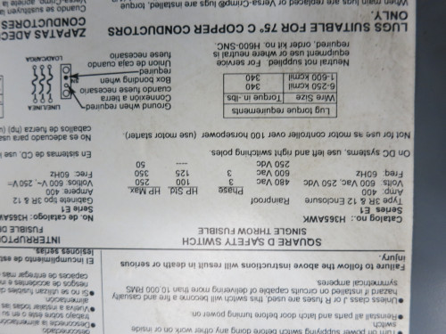 Square D H365AWK 400A 600V Fusible Safety Switch Disconnect 400 Amp H365-AWK 3R (DW7543-1)