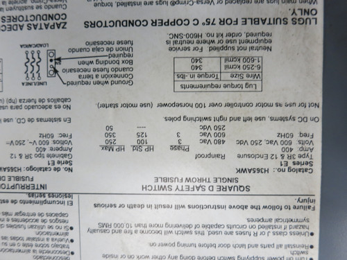 Square D H365AWK 400A 600V Fusible Safety Switch Disconnect 400 Amp H365-AWK 3R (DW7543-1)