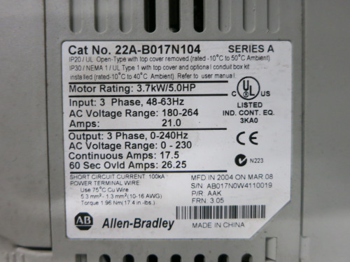 Allen Bradley 22A-B017N104 5 HP PowerFlex 4 240V Enclosed VS Drive 240 VAC 5HP (DW7568-1)