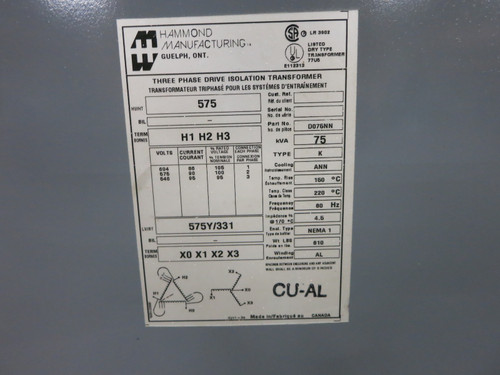 Hammond 75 kVA 575 Delta to 575Y/331 V 3PH Isolation Transformer D075NN 575V (DW7564-1)