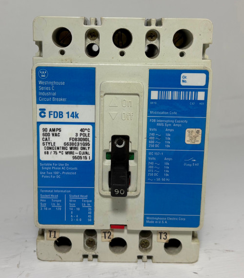 Westinghouse FDB3090L 90A Series C Circuit Breaker Glossy 600V 3P FDB3090 90 Amp (EM5662-1)