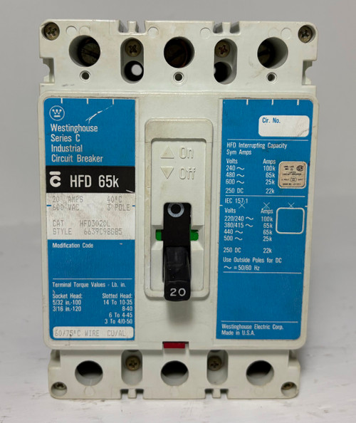 Westinghouse HFD3020L 20A Circuit Breaker Matte Blue 480/600V 3P HFD3020 20 Amp (EM5661-1)