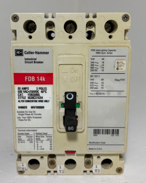 Cutler-Hammer FDB3080L 80A Circuit Breaker Glossy Red 480/600V 3P FDB3080 80 Amp (EM5665-2)