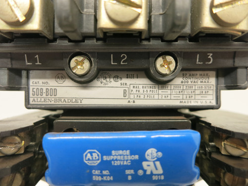 Allen Bradley 509-BOD Size 1 Motor Starter 120V Coil CB236 509-B0D 10 HP Sz1 (DW7575-75)