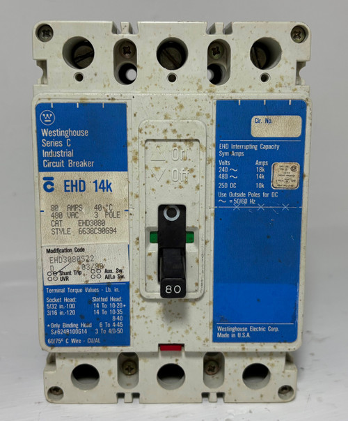 Westinghouse EHD3080 80A Circuit Breaker Matte Blue 480 VAC 3P EHD3080L 80 Amp (EM5666-1)