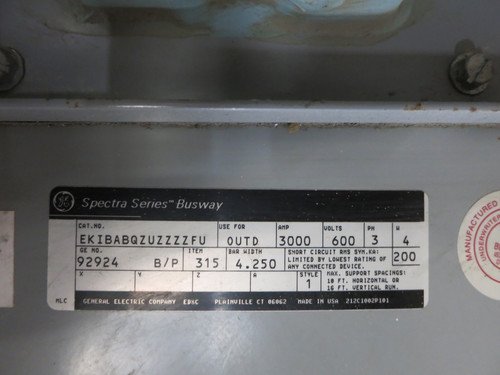 GE Spectra 3000 Amp 600V Outdoor Busway Tap Box 3PH 4W 3000A End Tapbox 480V 3R (DW7589-1)