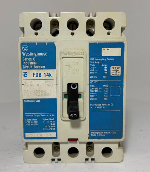 Westinghouse FDB3060L 60A Circuit Breaker Matte Blue 480/600V 3P FDB3060 60 Amp (EM5671-1)
